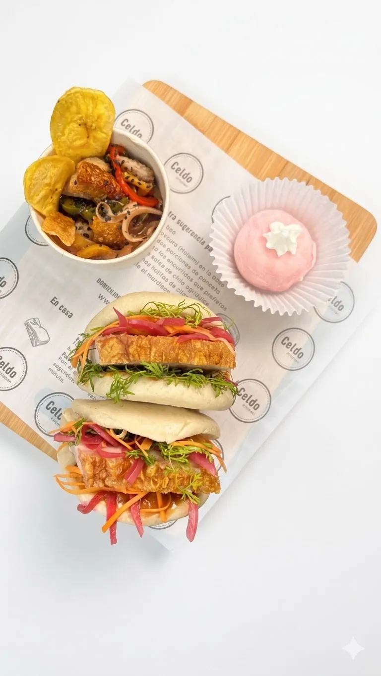 Baos Celdo con panceta, encurtidos y salsas
